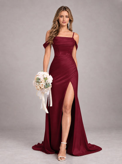 Burgundy Trendy Spaghetti Straps Off The Shoulder Sweep Train Satin Bridesmaid Dress