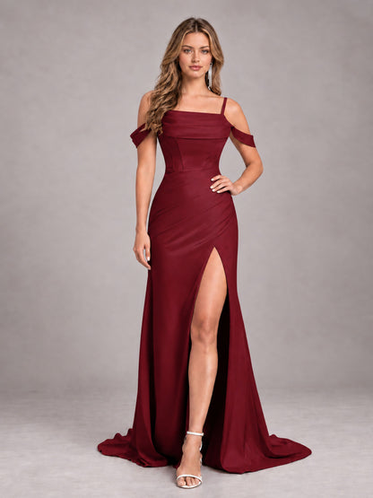 Burgundy Trendy Spaghetti Straps Off The Shoulder Sweep Train Satin Bridesmaid Dress