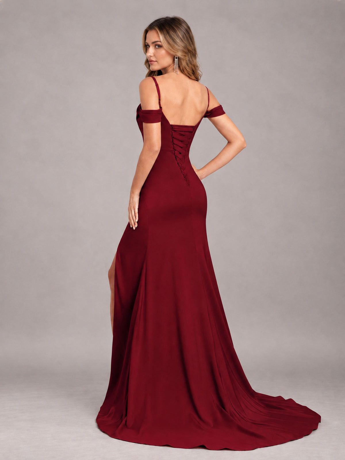 Burgundy Trendy Spaghetti Straps Off The Shoulder Sweep Train Satin Bridesmaid Dress