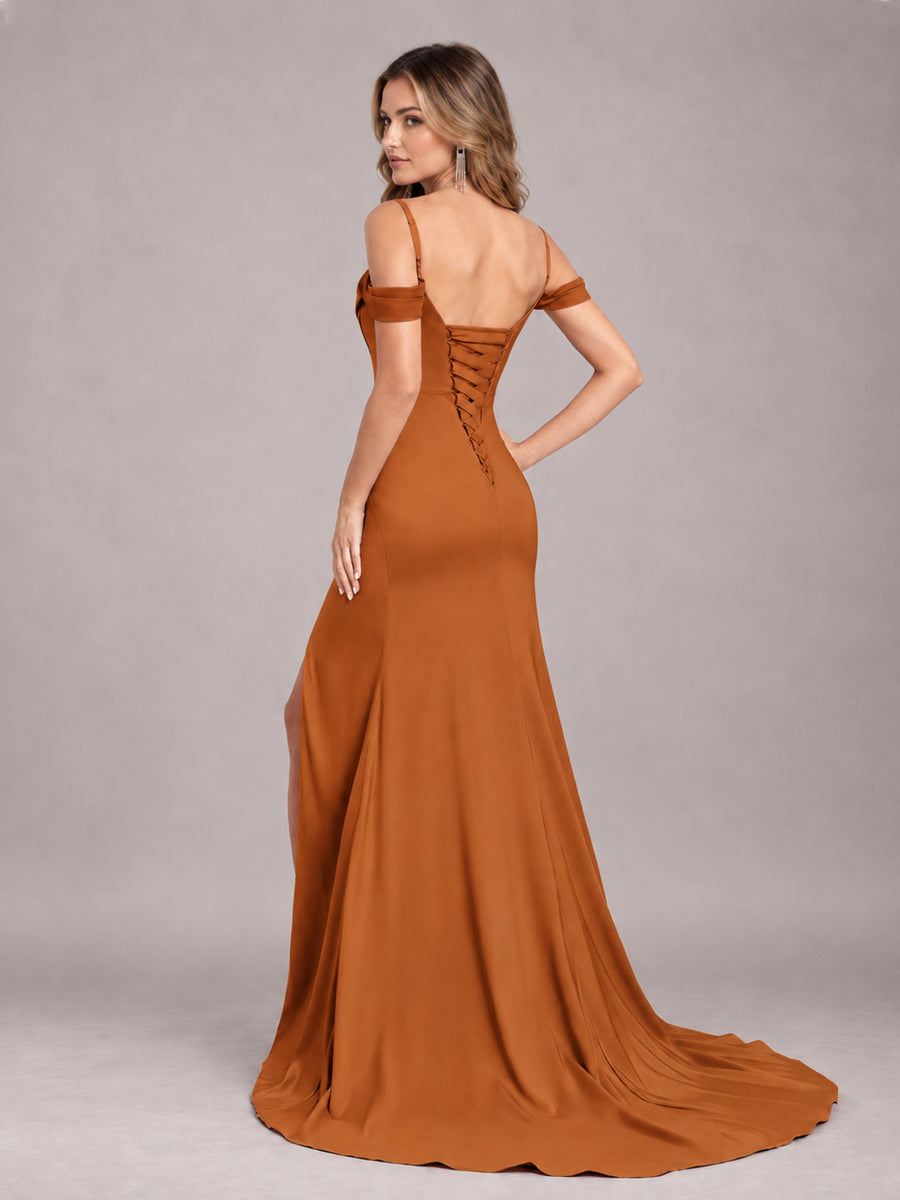 Burnt Orange Trendy Spaghetti Straps Off The Shoulder Sweep Train Satin Bridesmaid Dress