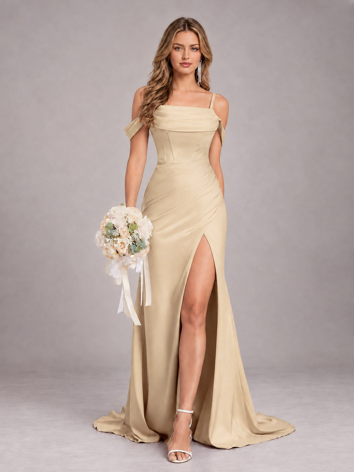 Champagne Trendy Spaghetti Straps Off The Shoulder Sweep Train Satin Bridesmaid Dress