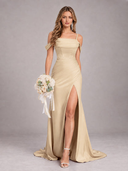 Champagne Trendy Spaghetti Straps Off The Shoulder Sweep Train Satin Bridesmaid Dress