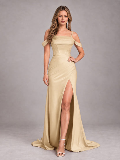Champagne Trendy Spaghetti Straps Off The Shoulder Sweep Train Satin Bridesmaid Dress