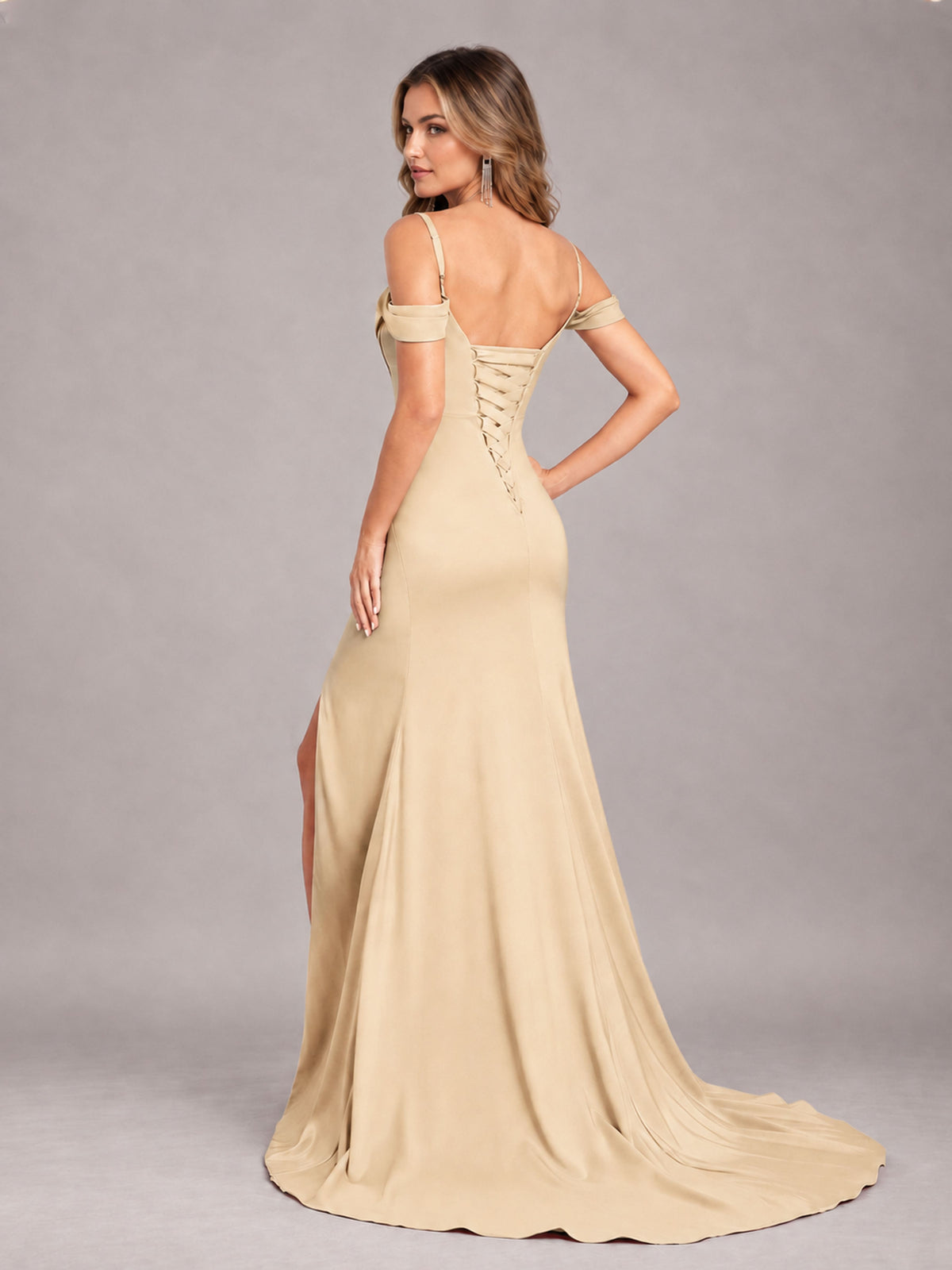 Champagne Trendy Spaghetti Straps Off The Shoulder Sweep Train Satin Bridesmaid Dress