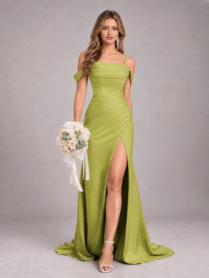 Chartreuse Trendy Spaghetti Straps Off The Shoulder Sweep Train Satin Bridesmaid Dress