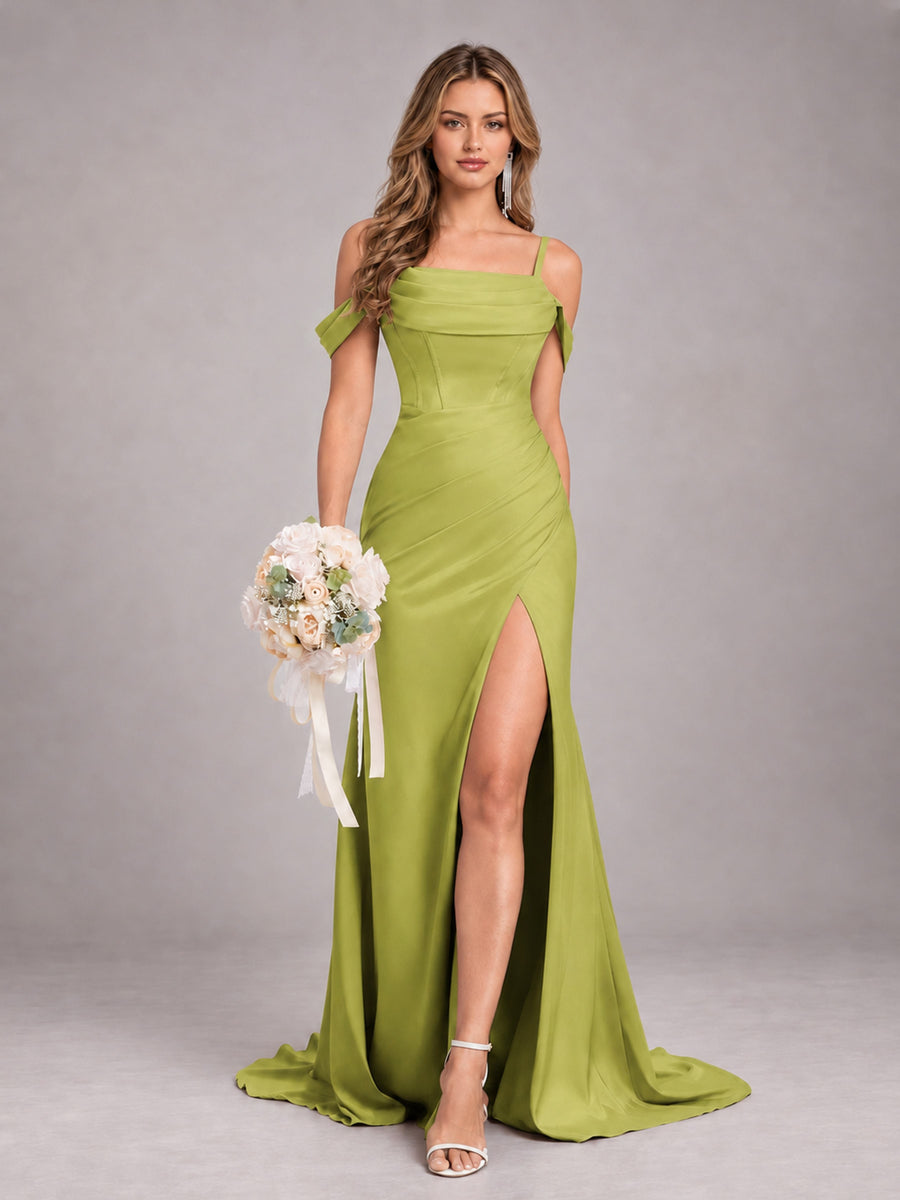 Chartreuse Trendy Spaghetti Straps Off The Shoulder Sweep Train Satin Bridesmaid Dress