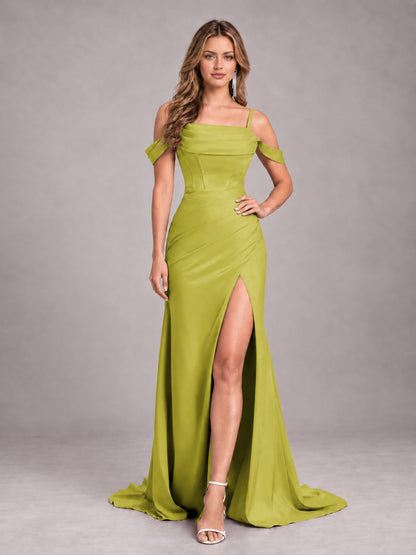 Chartreuse Trendy Spaghetti Straps Off The Shoulder Sweep Train Satin Bridesmaid Dress