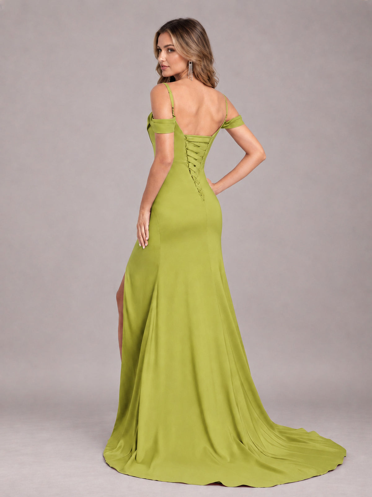 Chartreuse Trendy Spaghetti Straps Off The Shoulder Sweep Train Satin Bridesmaid Dress
