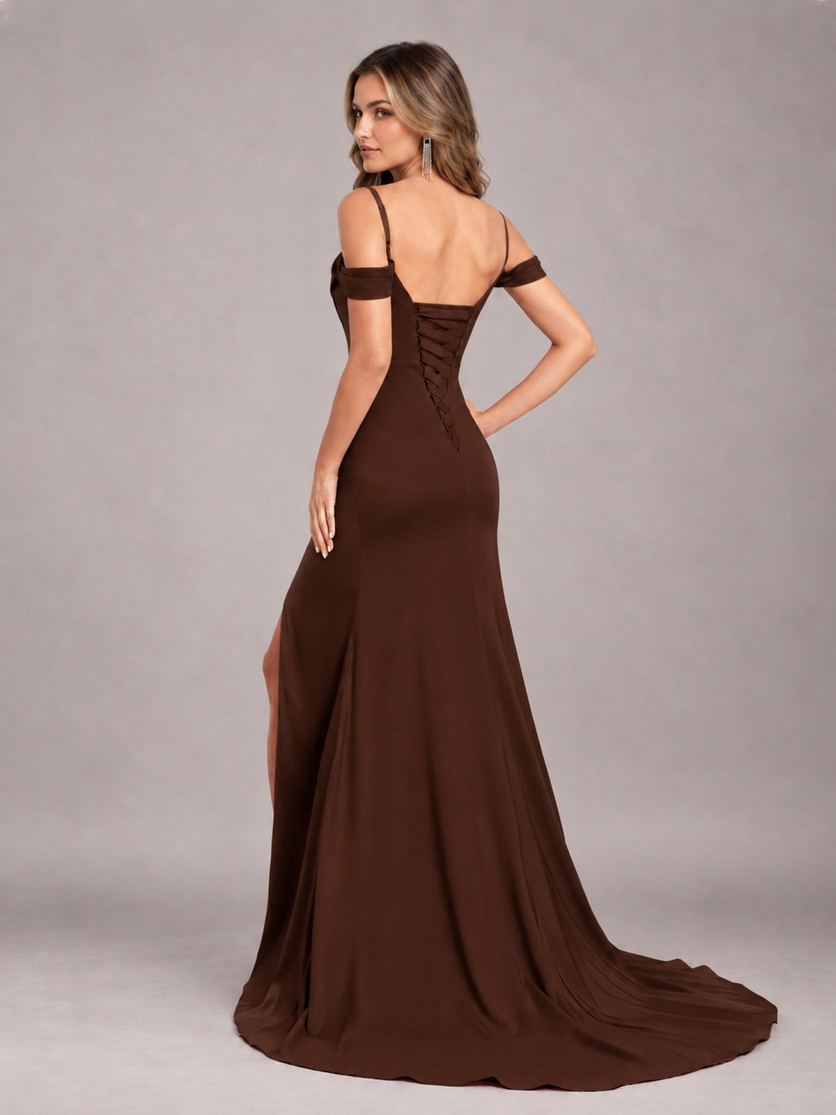 Chocolate Trendy Spaghetti Straps Off The Shoulder Sweep Train Satin Bridesmaid Dress