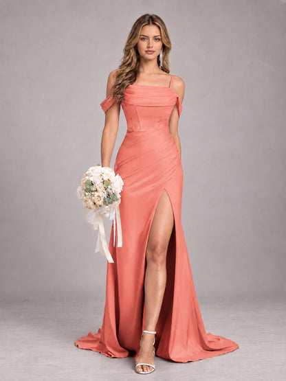 Coral Trendy Spaghetti Straps Off The Shoulder Sweep Train Satin Bridesmaid Dress