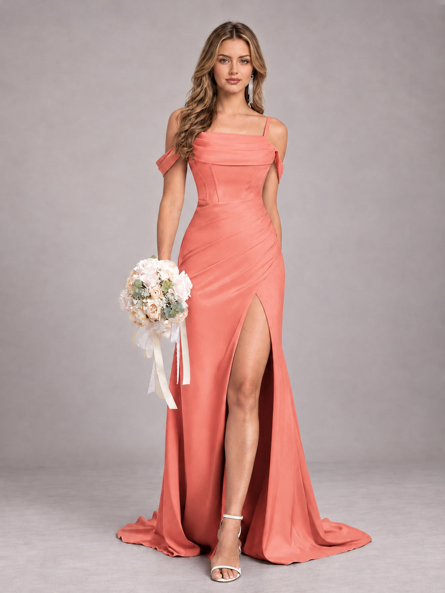 Coral Trendy Spaghetti Straps Off The Shoulder Sweep Train Satin Bridesmaid Dress