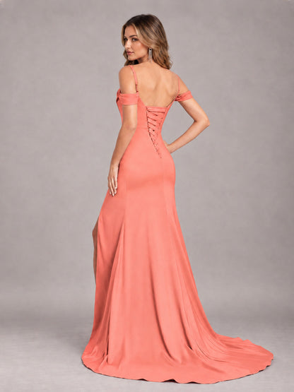 Coral Trendy Spaghetti Straps Off The Shoulder Sweep Train Satin Bridesmaid Dress
