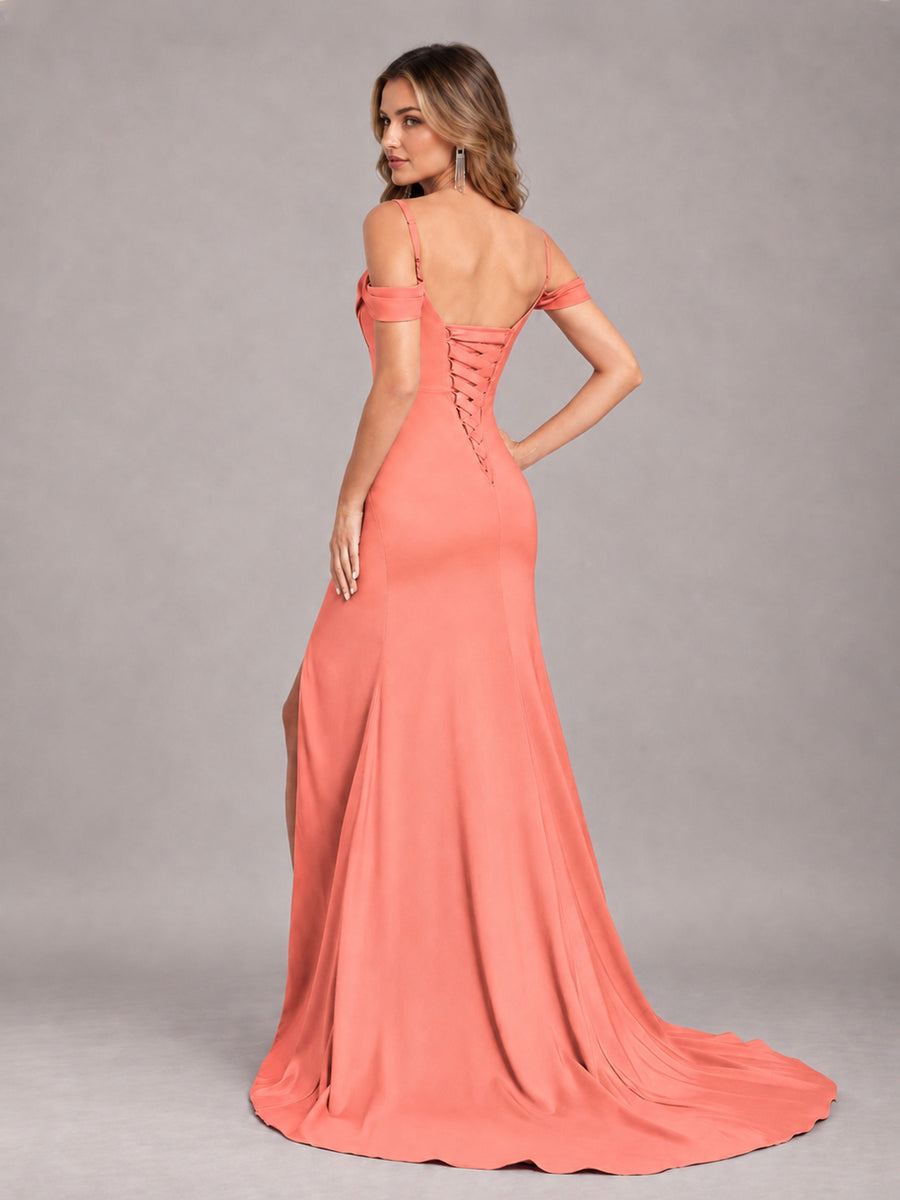 Coral Trendy Spaghetti Straps Off The Shoulder Sweep Train Satin Bridesmaid Dress