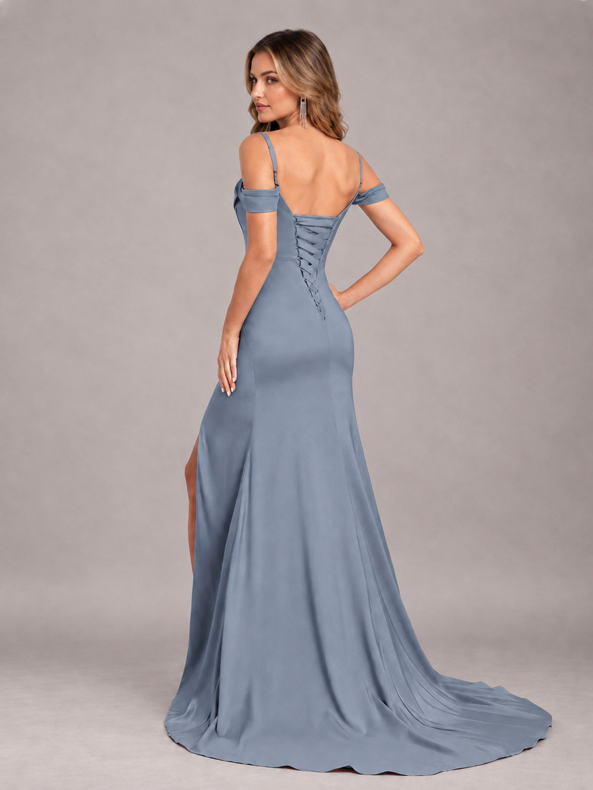 Dusty Blue Trendy Spaghetti Straps Off The Shoulder Sweep Train Satin Bridesmaid Dress