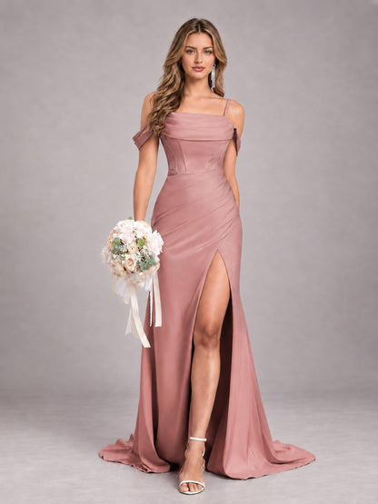 Dusty Rose Trendy Spaghetti Straps Off The Shoulder Sweep Train Satin Bridesmaid Dress