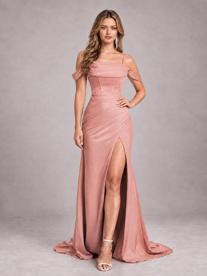 Dusty Rose Trendy Spaghetti Straps Off The Shoulder Sweep Train Satin Bridesmaid Dress