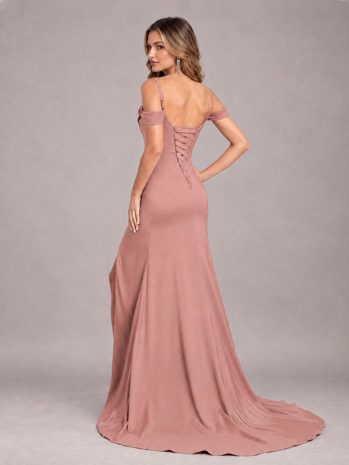 Dusty Rose Trendy Spaghetti Straps Off The Shoulder Sweep Train Satin Bridesmaid Dress