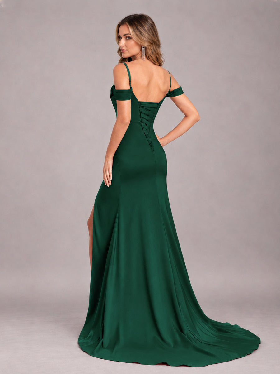 Emerald Green Trendy Spaghetti Straps Off The Shoulder Sweep Train Satin Bridesmaid Dress