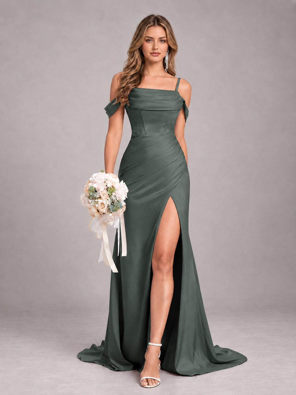 Eucalyptus Trendy Spaghetti Straps Off The Shoulder Sweep Train Satin Bridesmaid Dress
