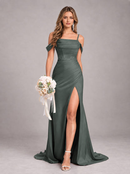 Eucalyptus Trendy Spaghetti Straps Off The Shoulder Sweep Train Satin Bridesmaid Dress
