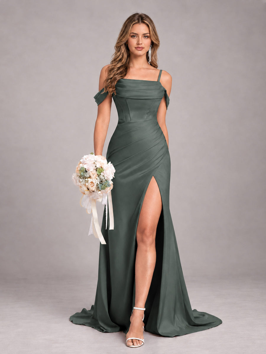 Eucalyptus Trendy Spaghetti Straps Off The Shoulder Sweep Train Satin Bridesmaid Dress