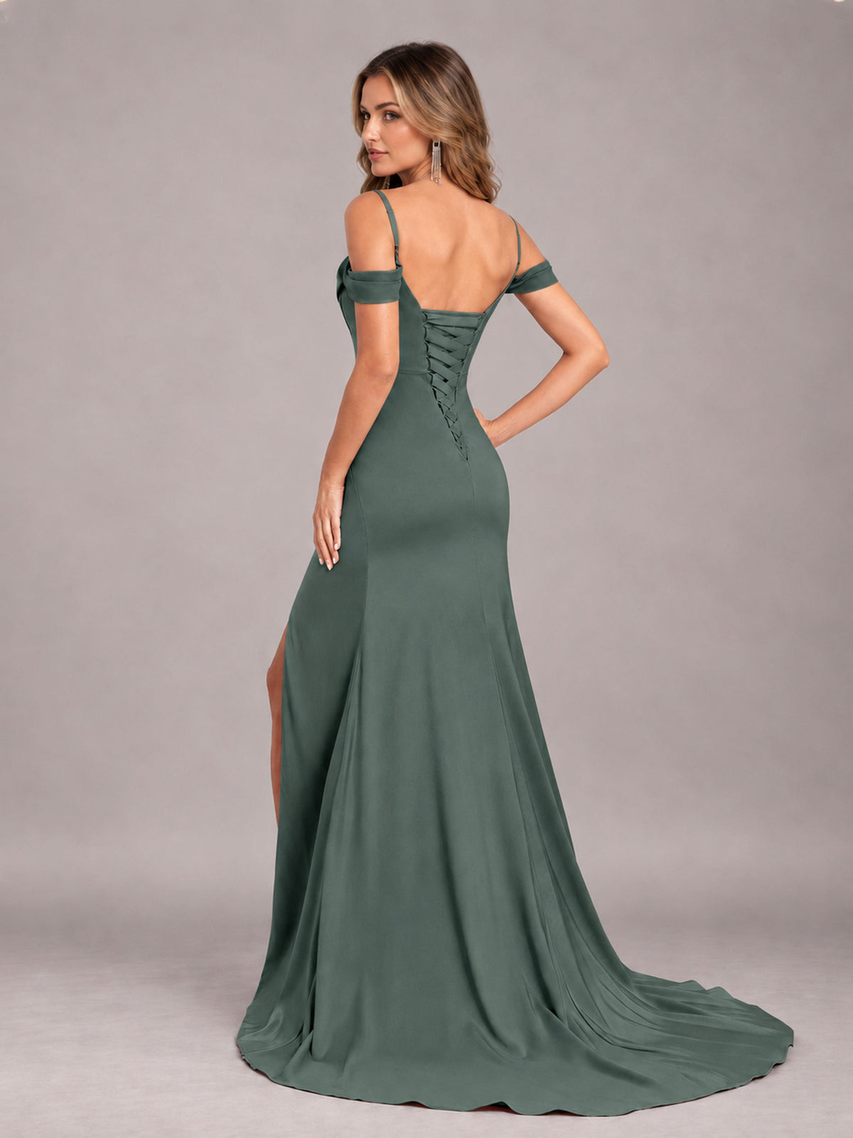 Eucalyptus Trendy Spaghetti Straps Off The Shoulder Sweep Train Satin Bridesmaid Dress