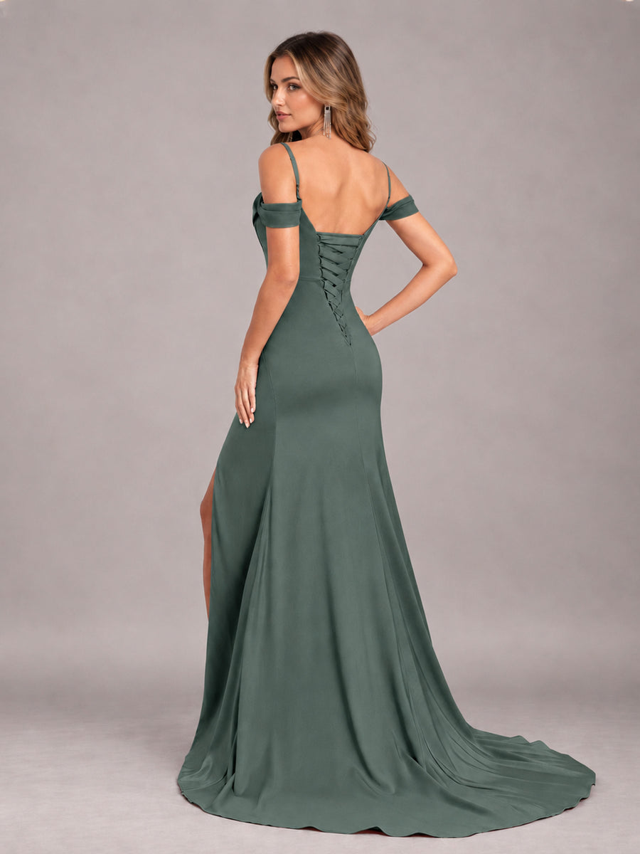 Eucalyptus Trendy Spaghetti Straps Off The Shoulder Sweep Train Satin Bridesmaid Dress
