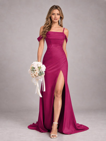 Fuchsia Trendy Spaghetti Straps Off The Shoulder Sweep Train Satin Bridesmaid Dress