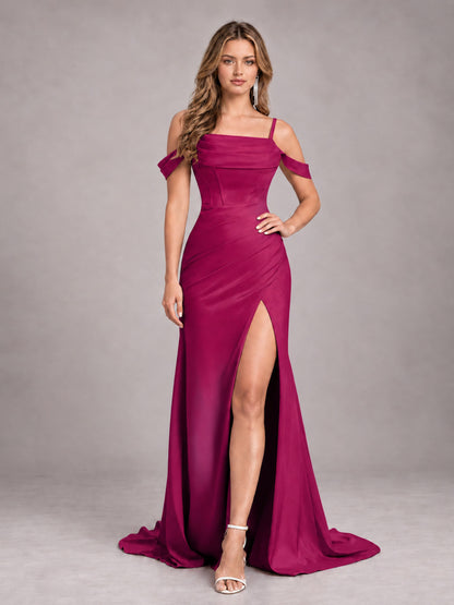 Fuchsia Trendy Spaghetti Straps Off The Shoulder Sweep Train Satin Bridesmaid Dress