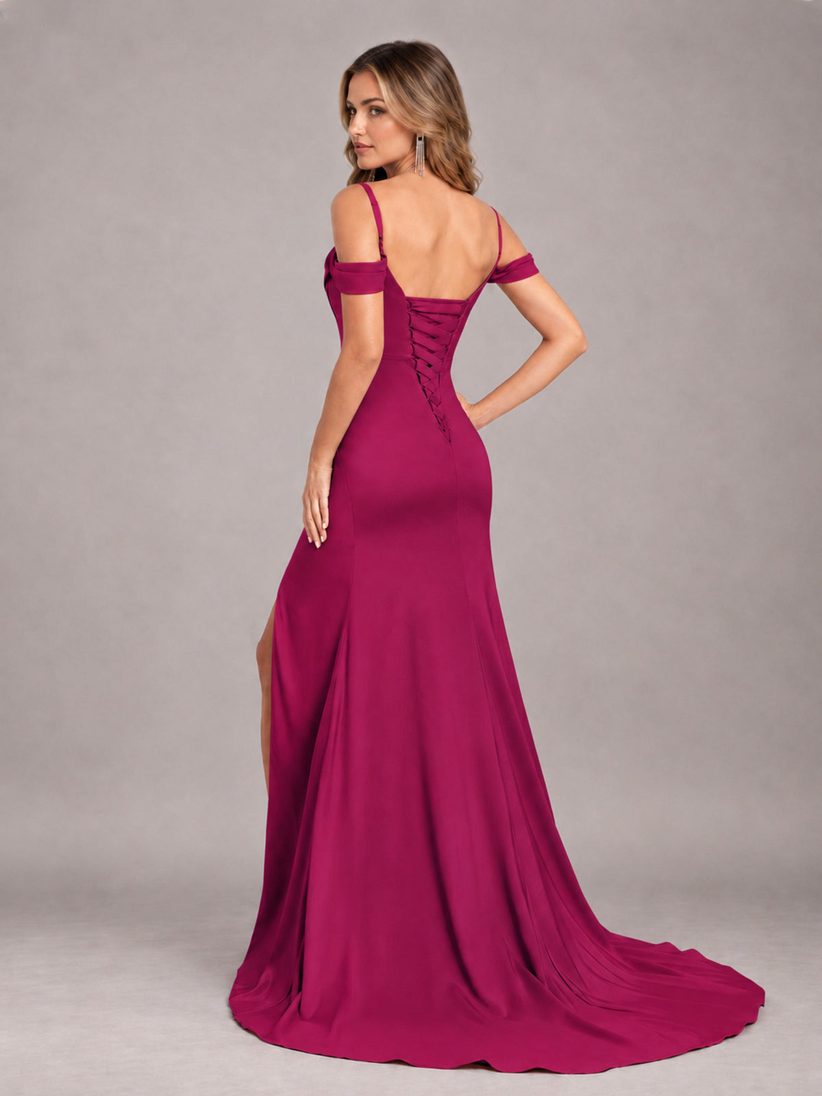 Fuchsia Trendy Spaghetti Straps Off The Shoulder Sweep Train Satin Bridesmaid Dress