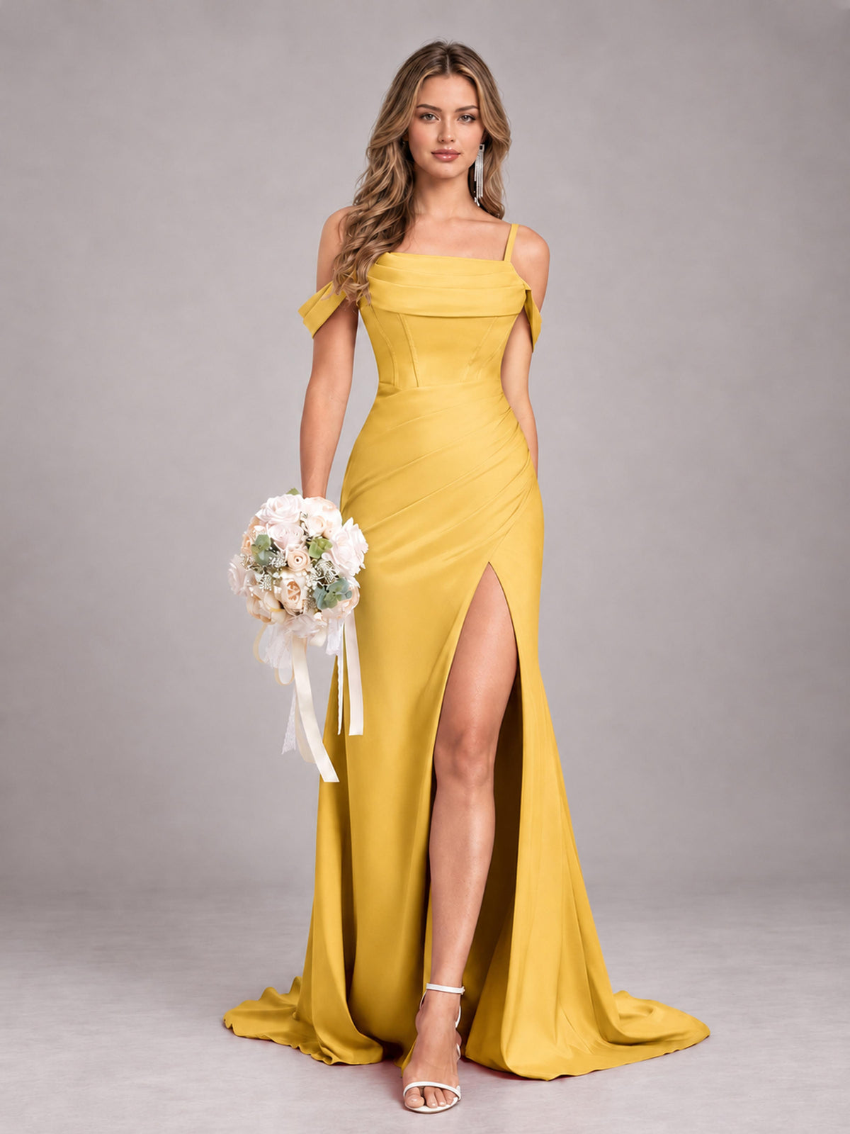 Gold Trendy Spaghetti Straps Off The Shoulder Sweep Train Satin Bridesmaid Dress