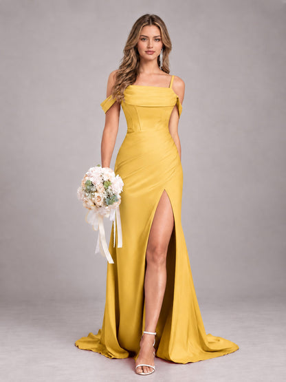 Gold Trendy Spaghetti Straps Off The Shoulder Sweep Train Satin Bridesmaid Dress