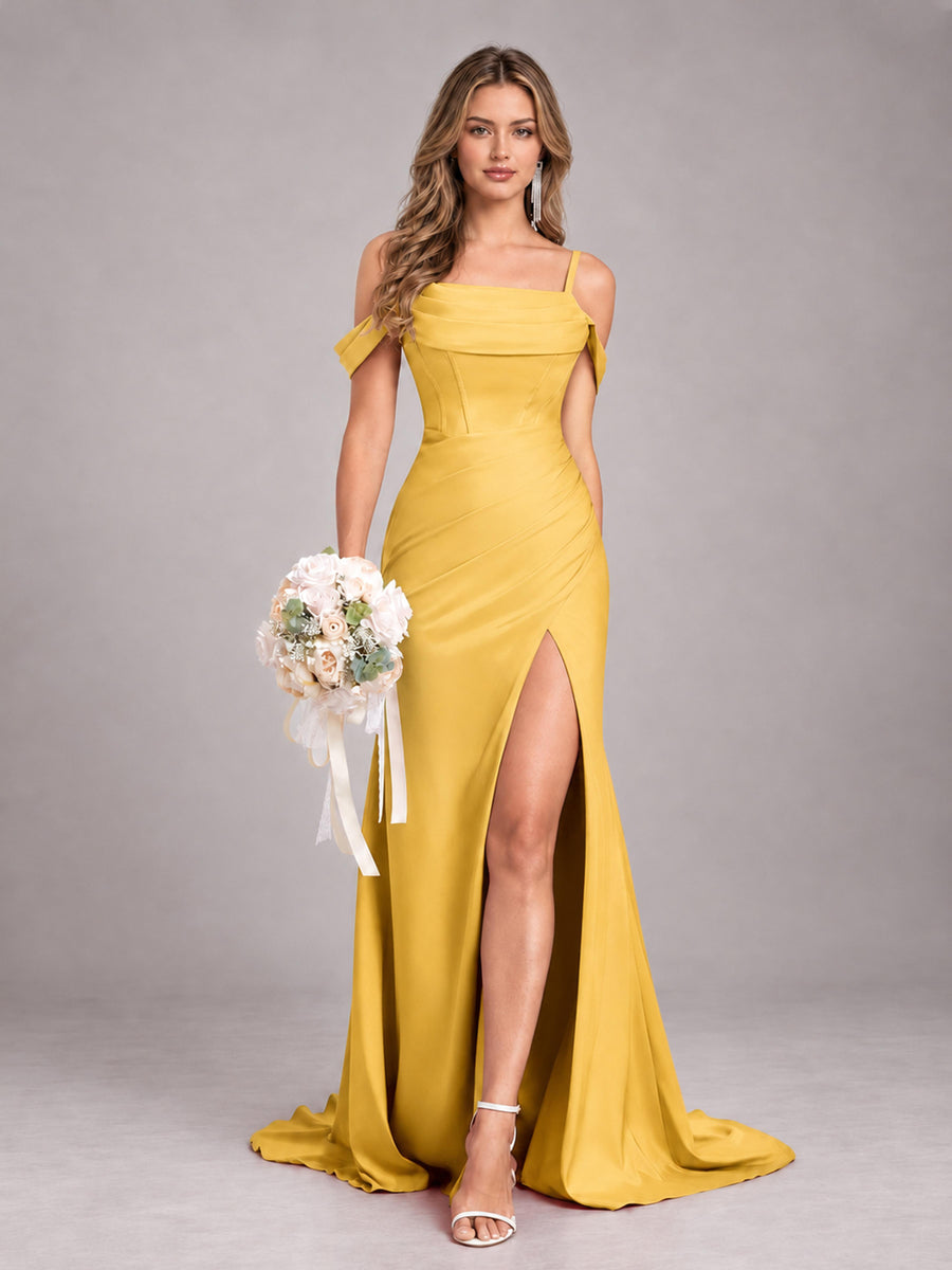 Gold Trendy Spaghetti Straps Off The Shoulder Sweep Train Satin Bridesmaid Dress
