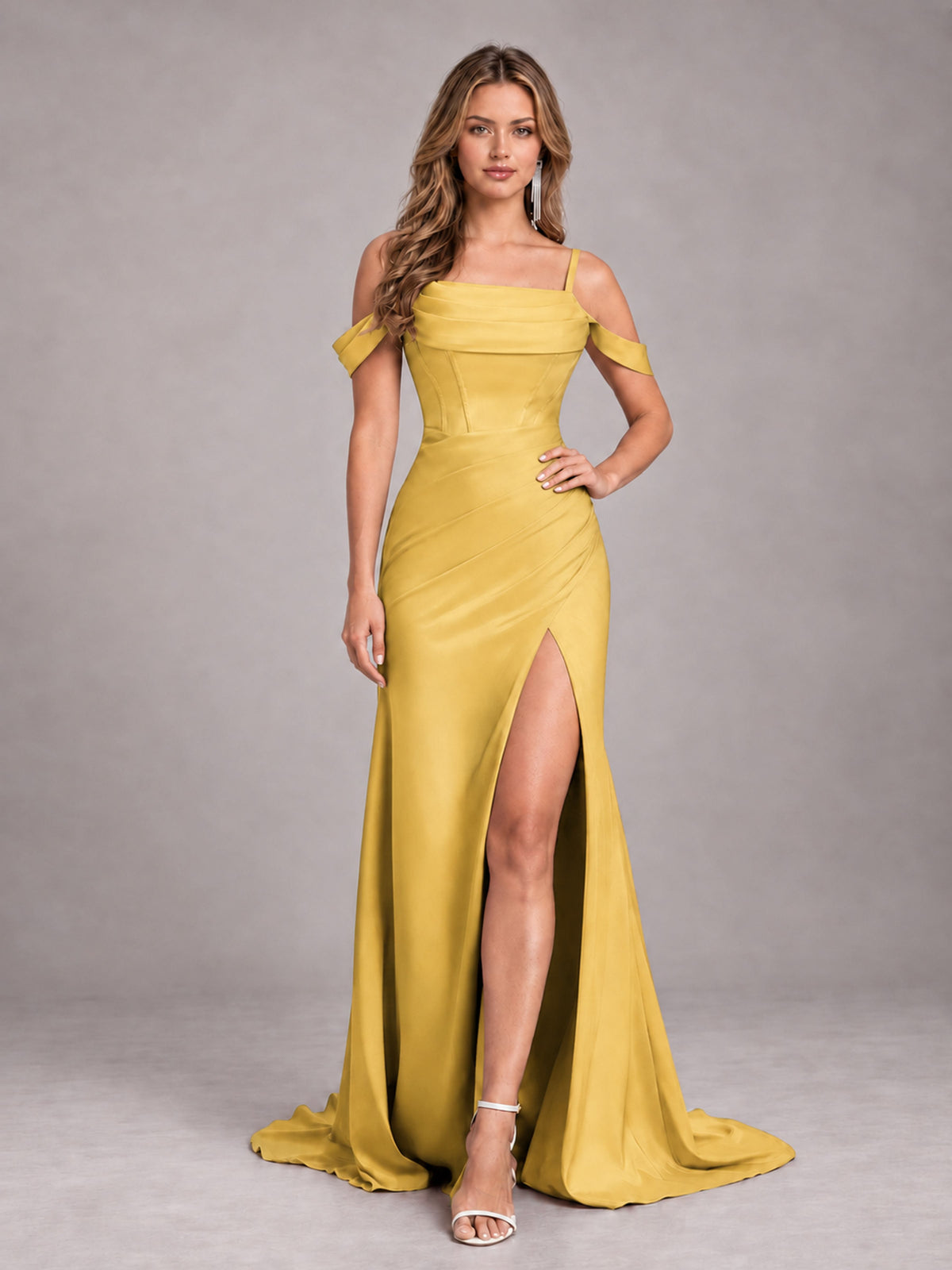 Gold Trendy Spaghetti Straps Off The Shoulder Sweep Train Satin Bridesmaid Dress