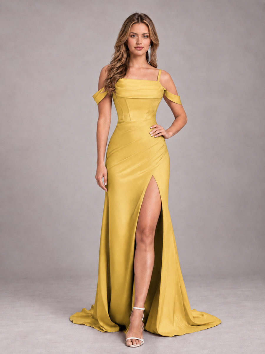 Gold Trendy Spaghetti Straps Off The Shoulder Sweep Train Satin Bridesmaid Dress