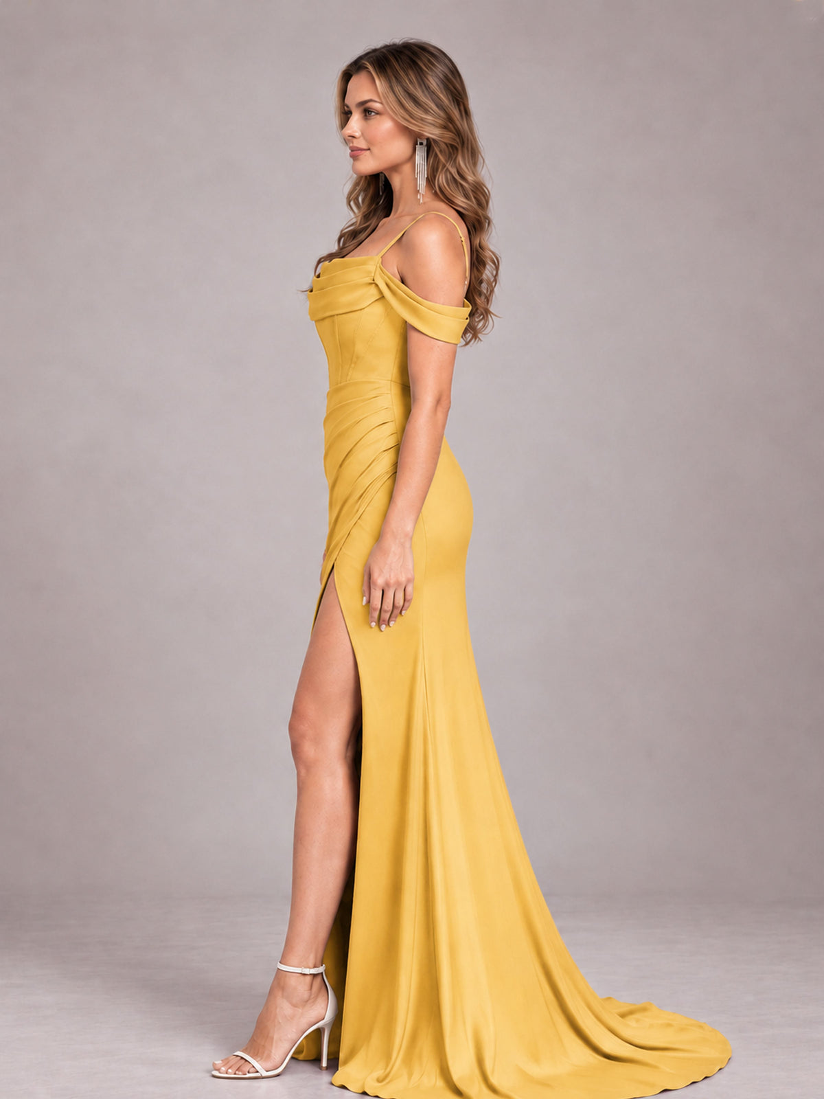 Gold Trendy Spaghetti Straps Off The Shoulder Sweep Train Satin Bridesmaid Dress