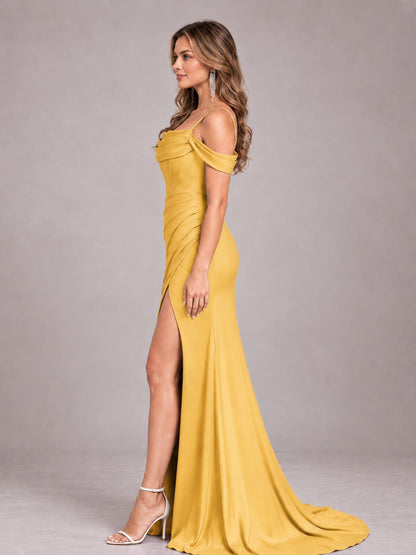 Gold Trendy Spaghetti Straps Off The Shoulder Sweep Train Satin Bridesmaid Dress