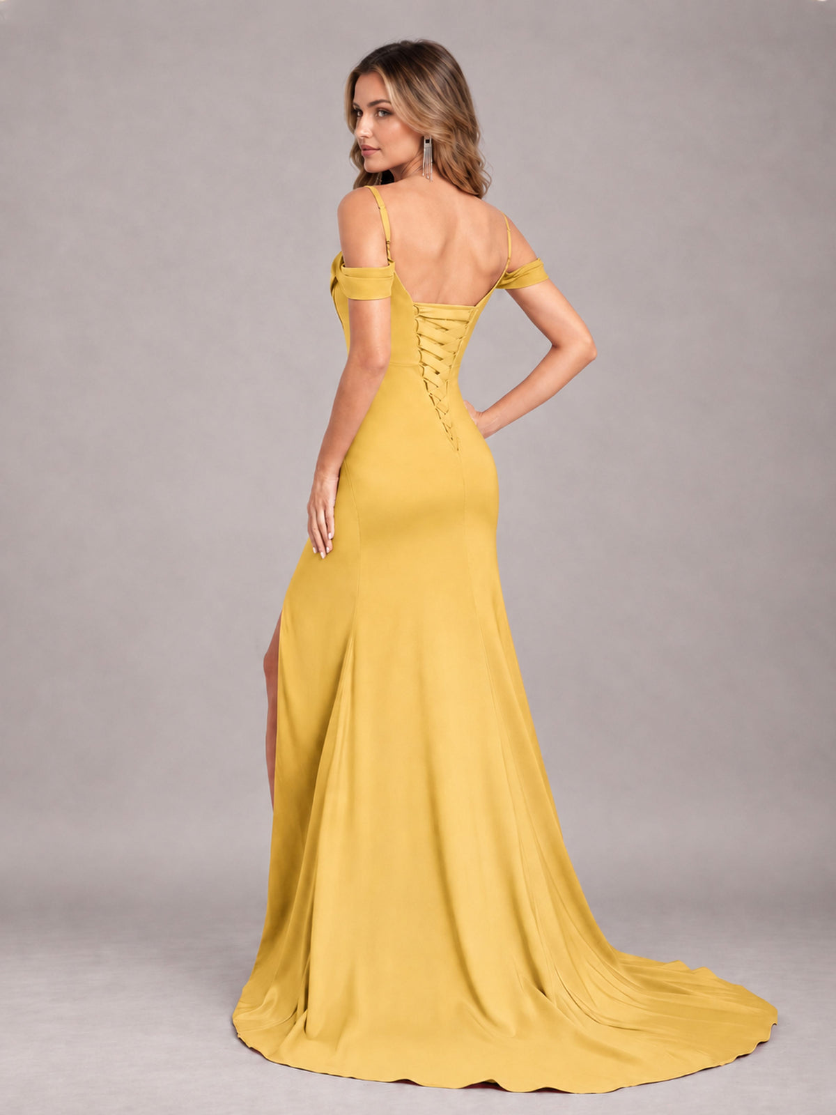 Gold Trendy Spaghetti Straps Off The Shoulder Sweep Train Satin Bridesmaid Dress