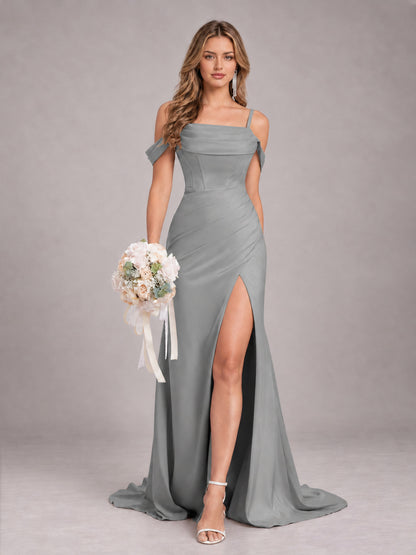 Grey Trendy Spaghetti Straps Off The Shoulder Sweep Train Satin Bridesmaid Dress