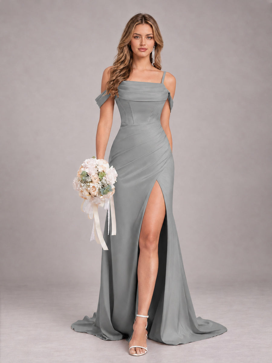 Grey Trendy Spaghetti Straps Off The Shoulder Sweep Train Satin Bridesmaid Dress