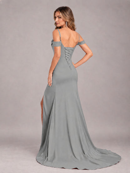 Grey Trendy Spaghetti Straps Off The Shoulder Sweep Train Satin Bridesmaid Dress