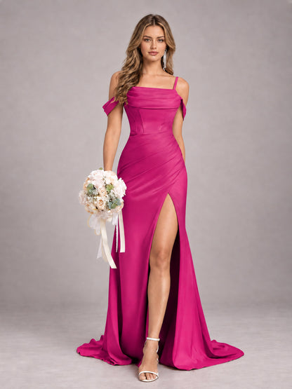 Hot Pink Trendy Spaghetti Straps Off The Shoulder Sweep Train Satin Bridesmaid Dress