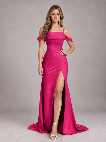 Hot Pink Trendy Spaghetti Straps Off The Shoulder Sweep Train Satin Bridesmaid Dress