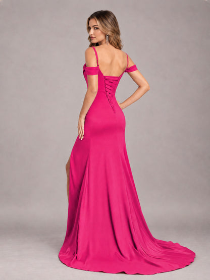 Hot Pink Trendy Spaghetti Straps Off The Shoulder Sweep Train Satin Bridesmaid Dress