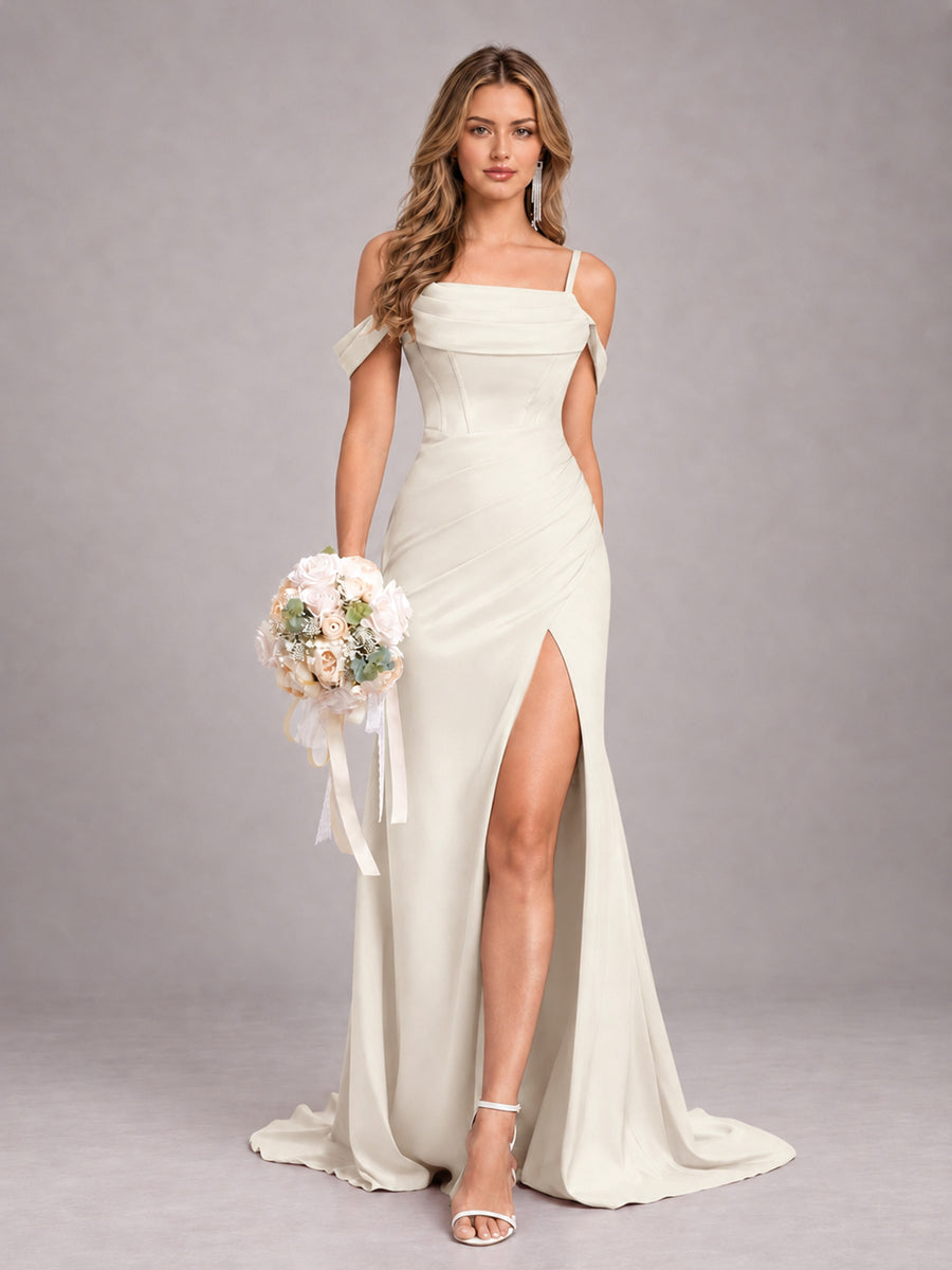 Ivory Trendy Spaghetti Straps Off The Shoulder Sweep Train Satin Bridesmaid Dress