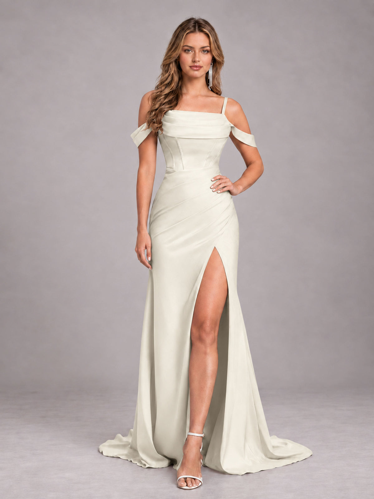 Ivory Trendy Spaghetti Straps Off The Shoulder Sweep Train Satin Bridesmaid Dress