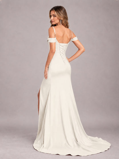Ivory Trendy Spaghetti Straps Off The Shoulder Sweep Train Satin Bridesmaid Dress