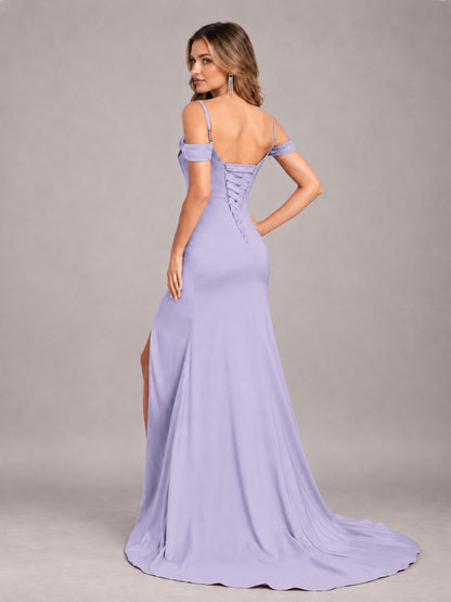 Lavender Trendy Spaghetti Straps Off The Shoulder Sweep Train Satin Bridesmaid Dress