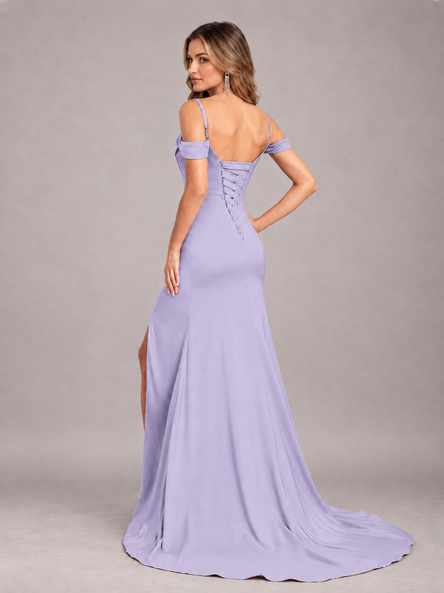 Lavender Trendy Spaghetti Straps Off The Shoulder Sweep Train Satin Bridesmaid Dress