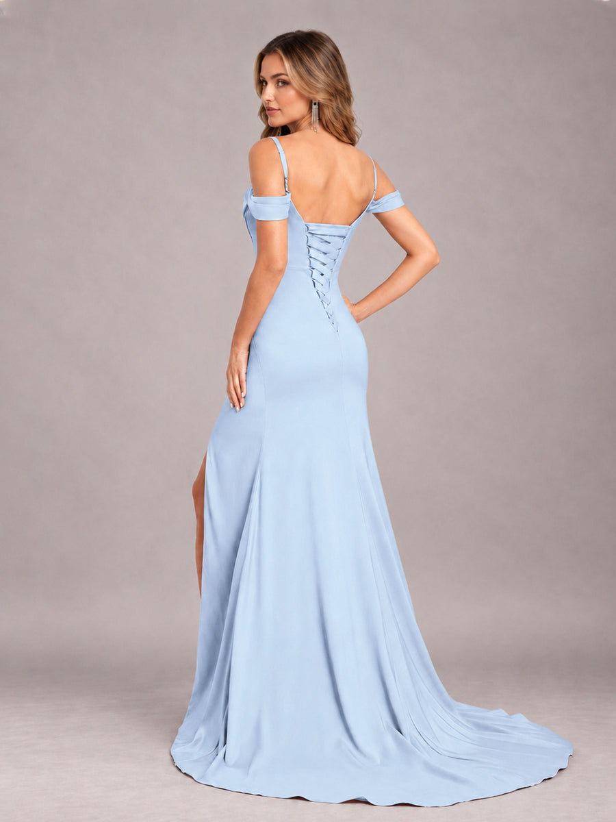 Light Blue Trendy Spaghetti Straps Off The Shoulder Sweep Train Satin Bridesmaid Dress